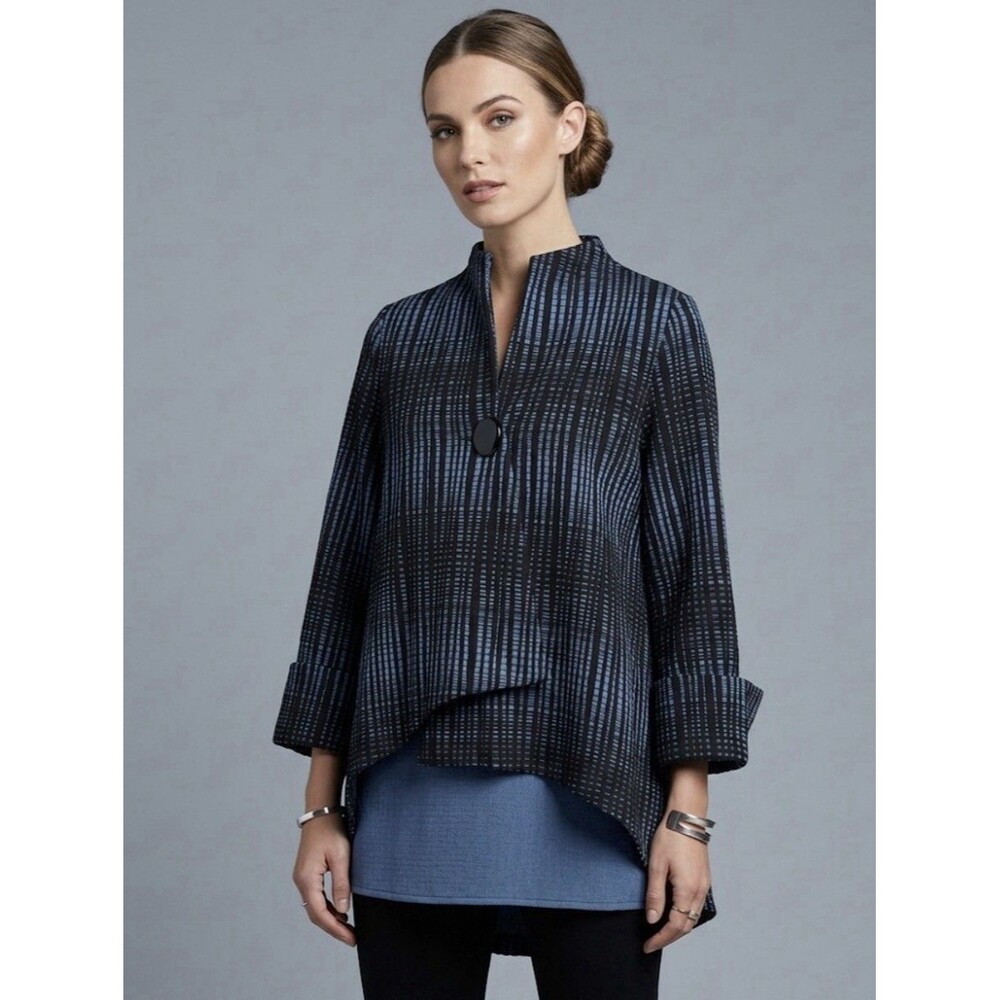 IC by Connie K Cardigan Jacket L Black Blue Stripe Art To Wear top 3/4 Sleeve